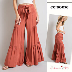 ee:some Tie Front Elastic High Waist Tiered Oversized Wide Leg Pants | Terracota